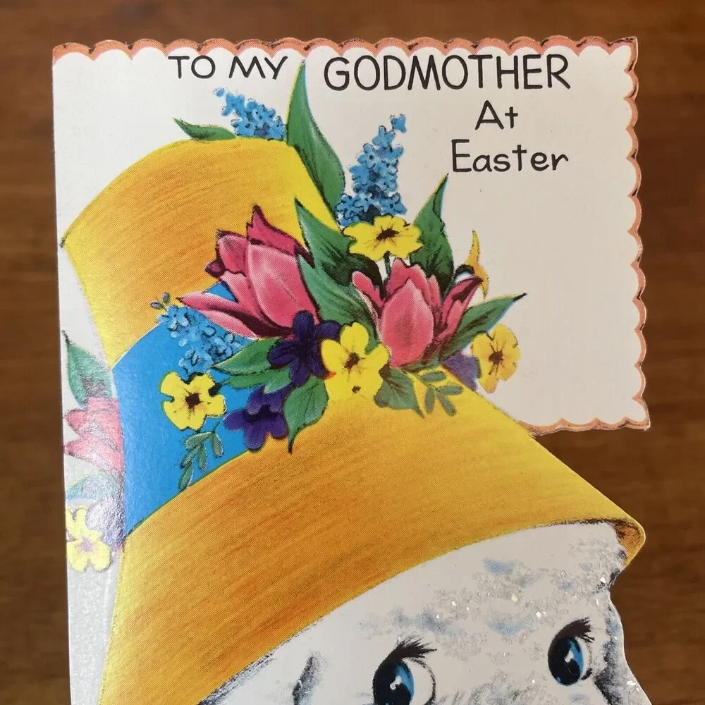 Vtg Oz Godmother Mica Glitter Spring Happy Easter Die Cut Greeting Card